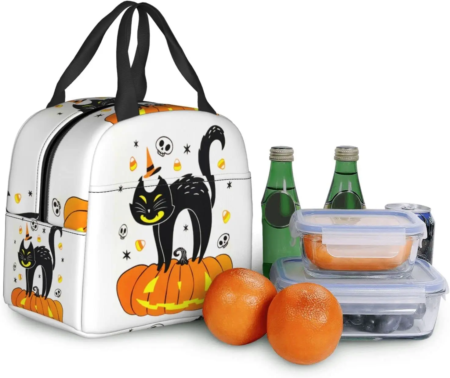 Black Cat Halloween Lunch Bag, lancheira reutilizável isolada, sacola térmica, saco térmico para mulheres, homens, trabalho de piquenique