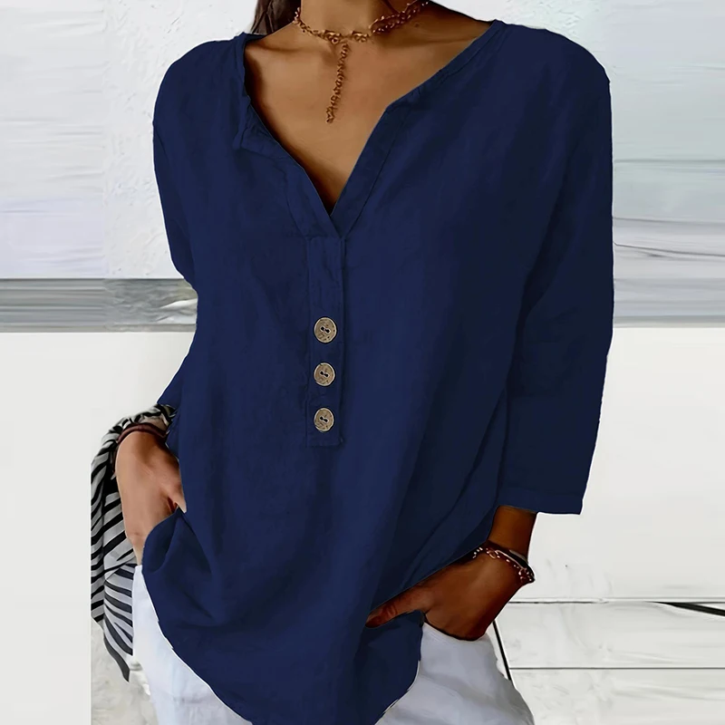 Spring Autumn Blouses Women Solid Casual V Neck Button Shirt Oversized Blouse Women Loose Pullover 2024