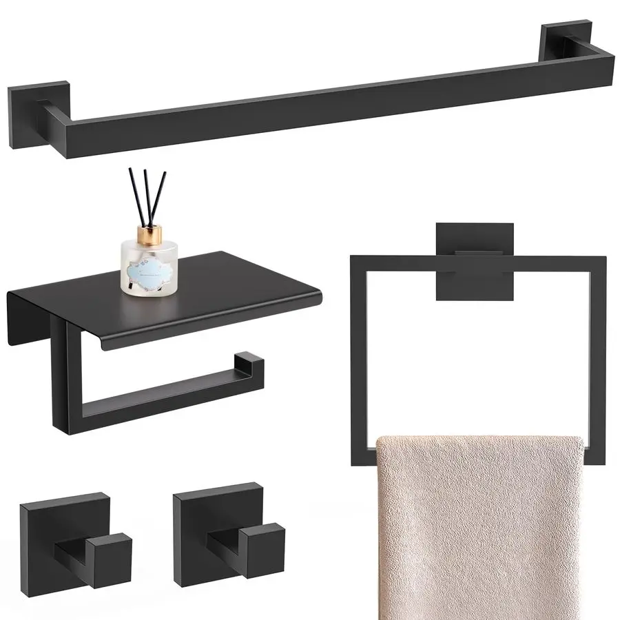 

5 Pieces Matte Black Bathroom Hardware Accessorie Set 23.6 Inch Towel Bar Set SUS304 Stainless Steel Towel RackampHolder Set fo