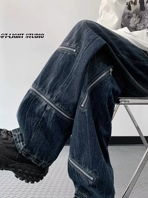 

American High Street Vibe Men's Loose Fit Zipper Jeans Design Sensation Premium Feeling Casual Wear Teenage Suitable