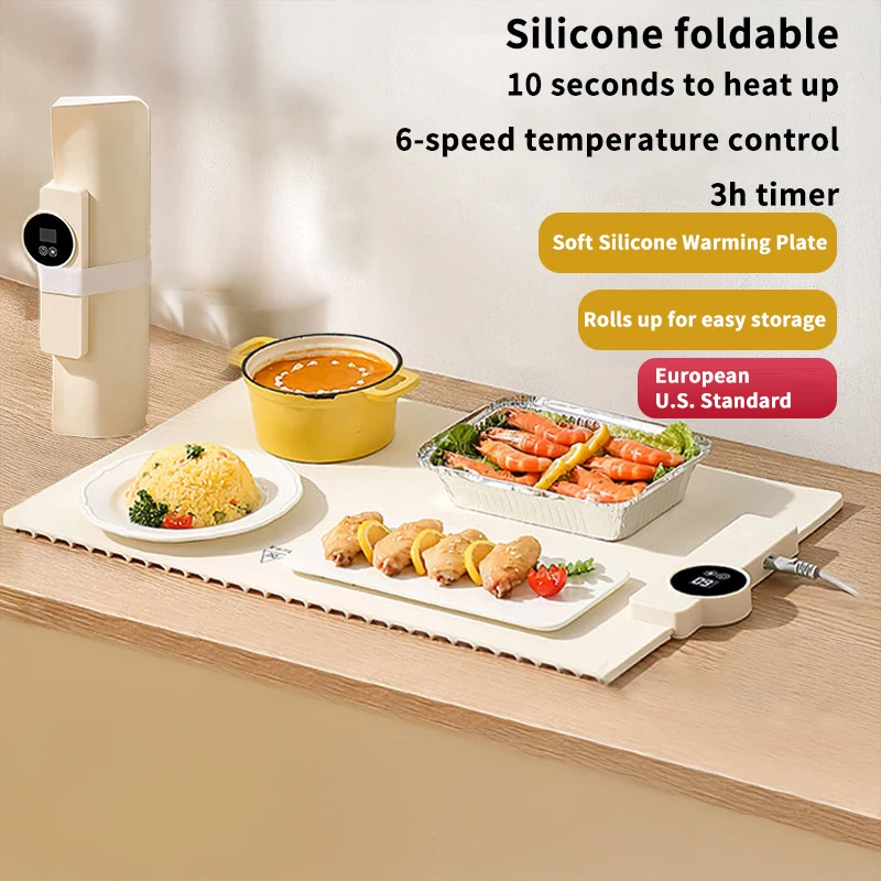 60X38cm Foldable Portable 6 Gears Silicone Warming Mat Digital display Food Warming Tray Roll Up Electric Warming Tray for Food