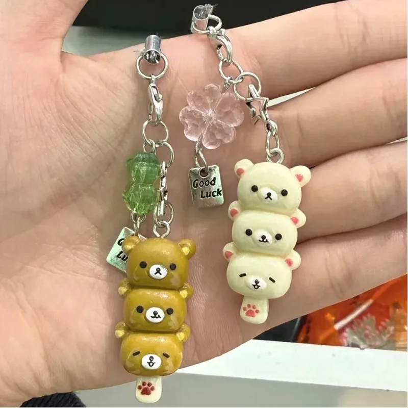 

Rilakkuma Tanghulu Style Keychain Cute Stacked Cartoon Bear Phone Charm Couple Bestie Pendant Accessory With Clover Star Decor