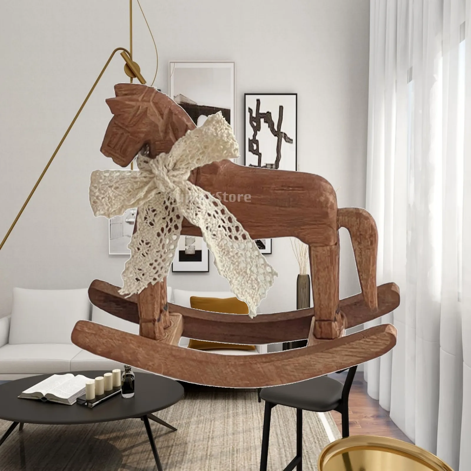 Rocking Horse Ornament with Ribbon Vintage Wooden Rocking Horse Carved Decor for