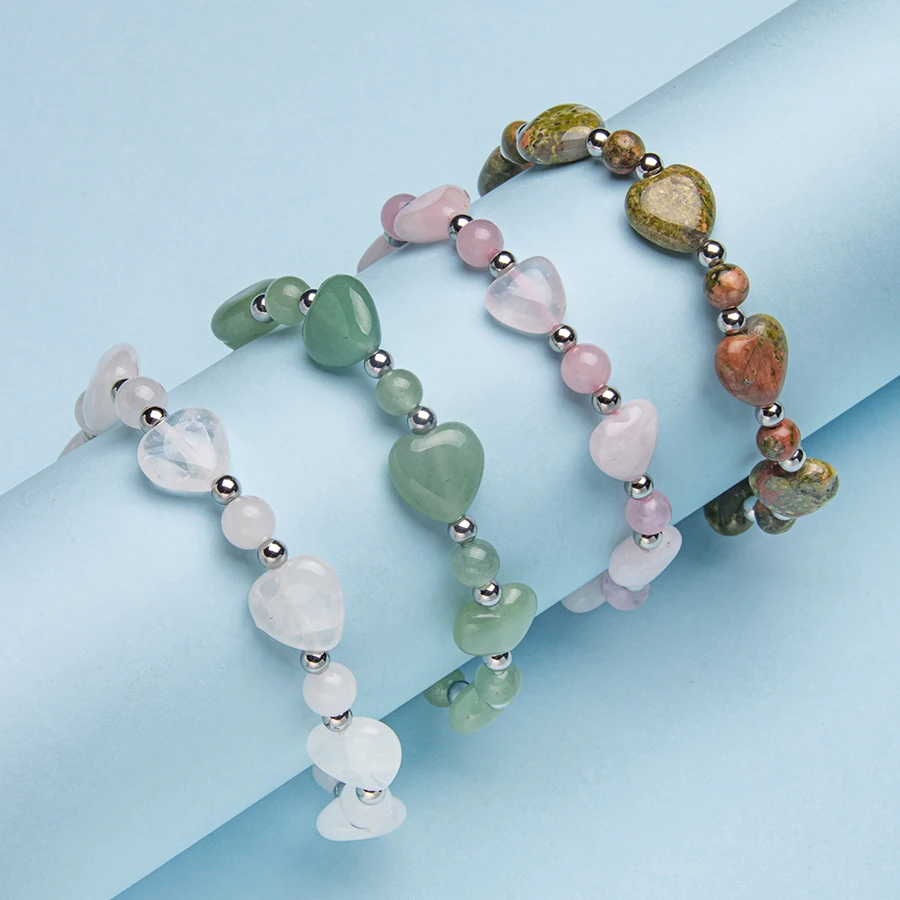 1pc natrual crystal stone gemstone agate heart-shaped rose quartz green aventurine bracelet for women and men