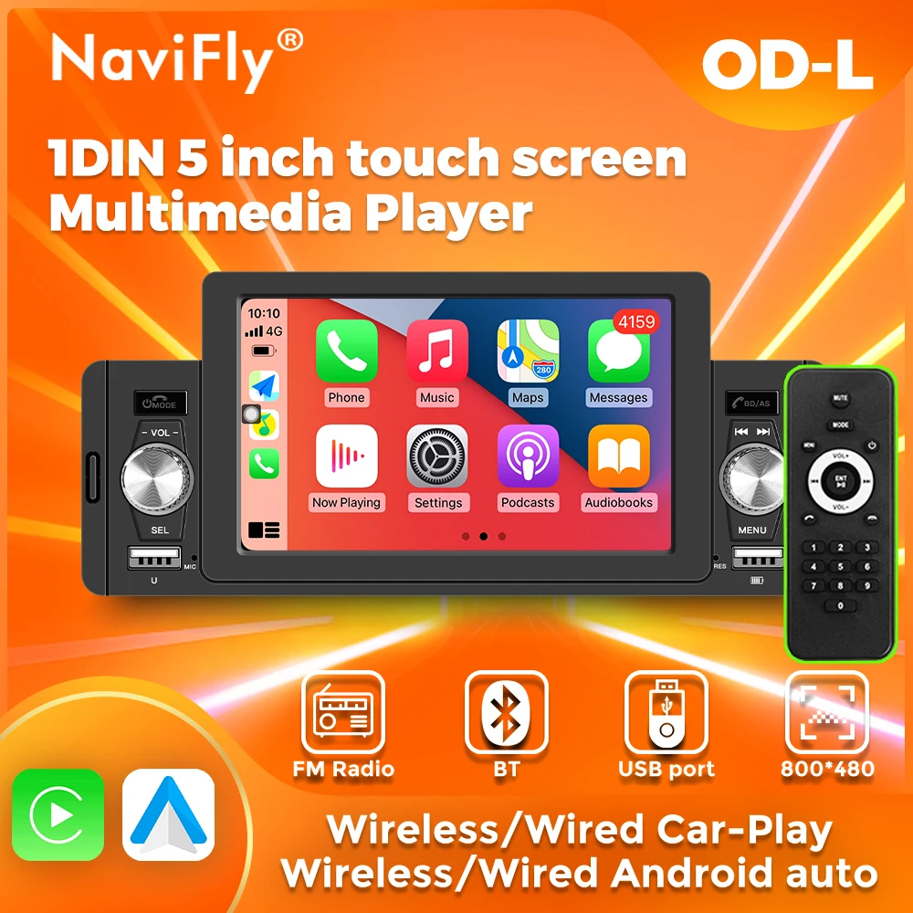 

Navifly 5 Inch 1 Din Universal Car Radio Audio FM CarPlay Android-Auto BT Handsfree Mirror Link MP5 Player Camera In
