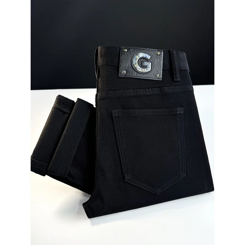 

2026, осенне-зимние новые черные джинсы, мужские облегающие повседневные универсальные теплые длинные брюки из толстого флиса на небольшую ногу