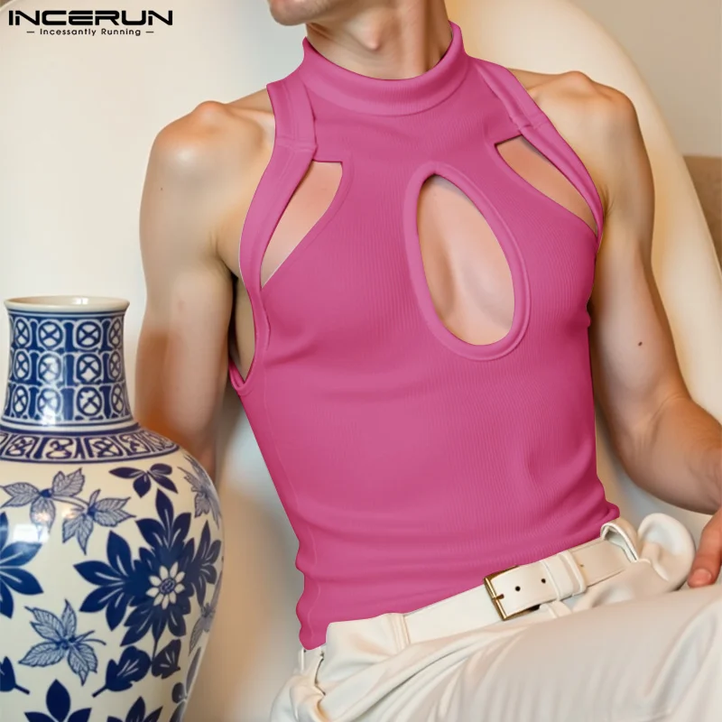 INCERUN Men Hollow Out Tanks 2026 Summer Sleeveless Tops Casual Solid Color Half High Collar Waistcoats Handsome Male Clubwear
