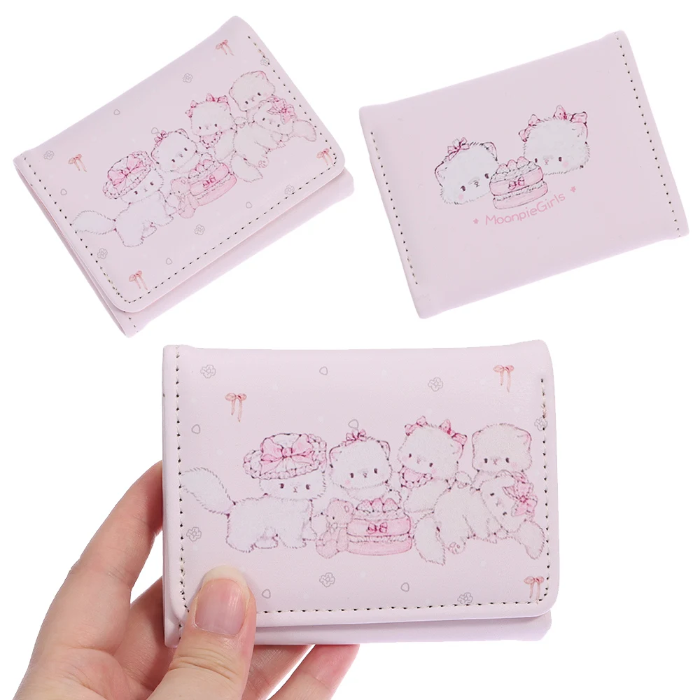 Portable Kawaii Cat Print Short Wallet Foldable PU Leather Coin Purse Multipurpose Pink Money Bag Women Girl Travel
