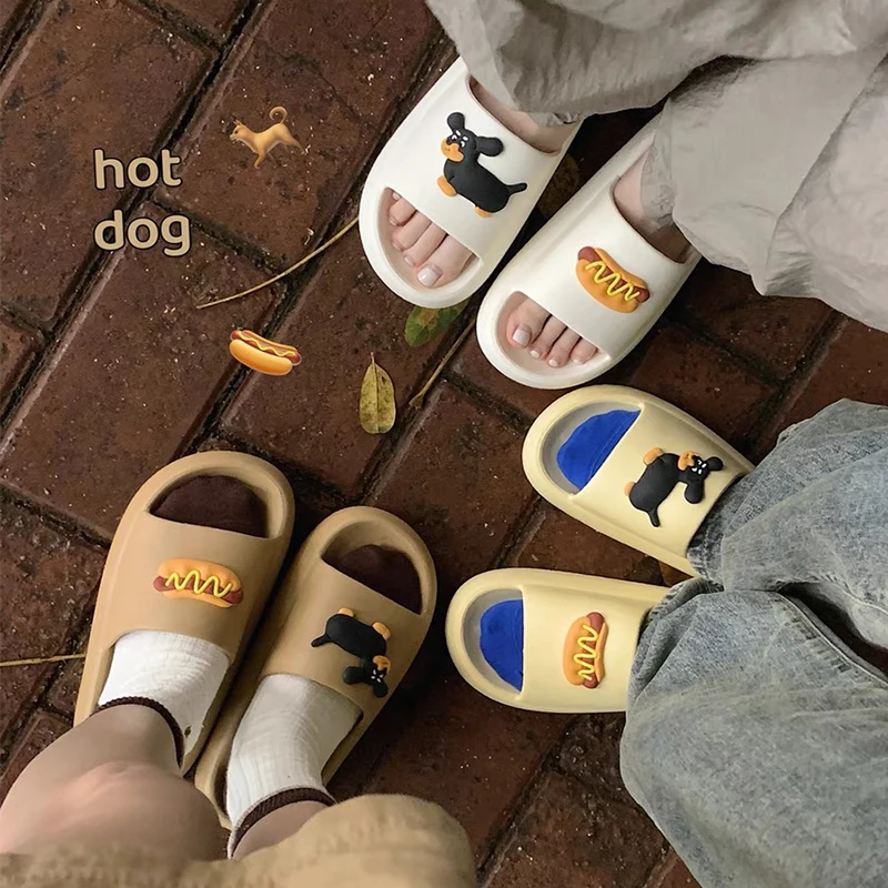 Couples Summer Slippers Kawaii Hot Dog House Shoes Platform Anti slip Bathroom Shower Men's Slippers Outdoor Beach Women's Shoes