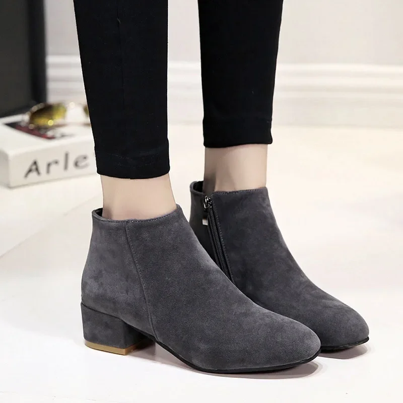 Ankle Boots Women Autumn 2024 Chunky Low Heel All-match Short Botas Solid Size Zipper Female Shoes Casual Black Botas Para Dama