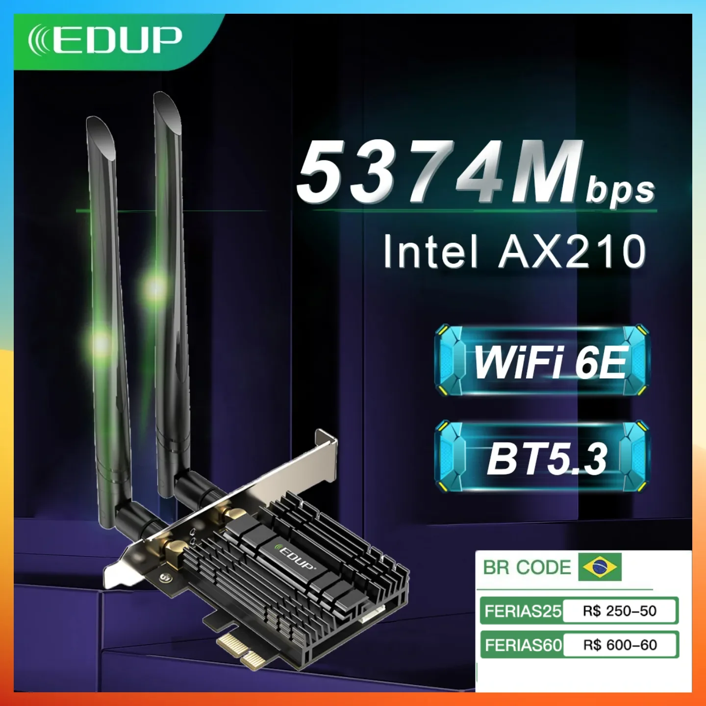 EDUP WiFi6E Intel AX210 PCIE Adaptor WiFi 5374Mbps Bluetooth 5,3 Kartu Jaringan WiFi 2.4G/5G/6GHz PCI Express 802.11AX dengan MU-MIMO