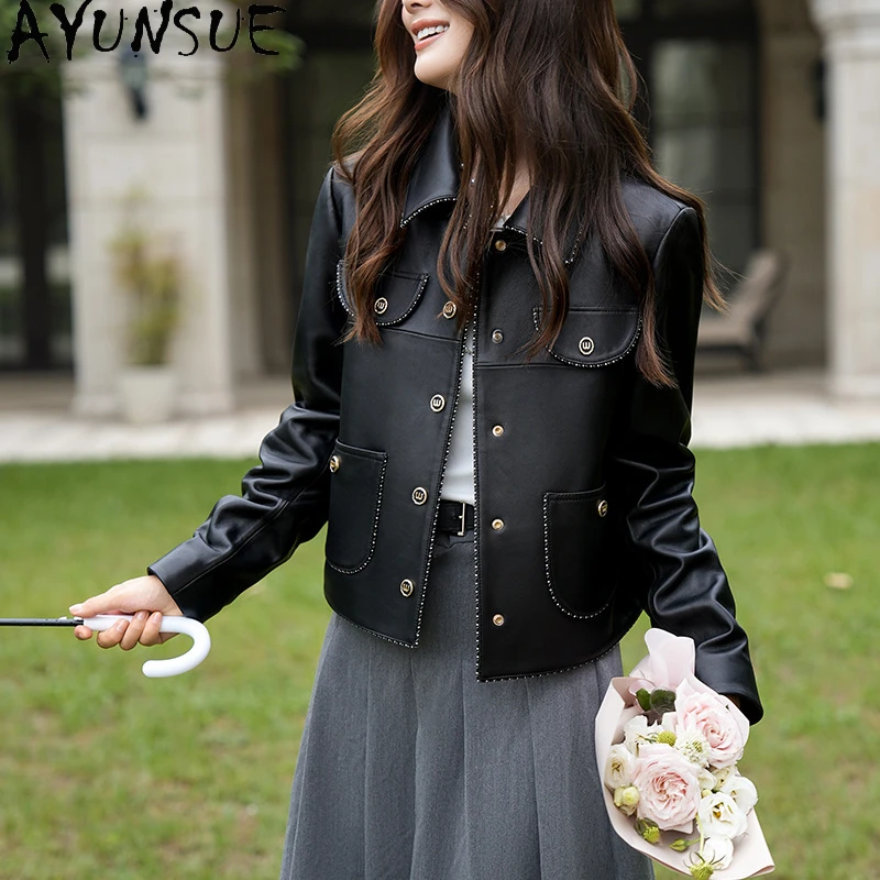 

AYUNSUE Genuine Leather Jacket Women 2023 New Fashion Short Leather Jackets Real Sheepskin Coat Square Collar Casaco Feminino