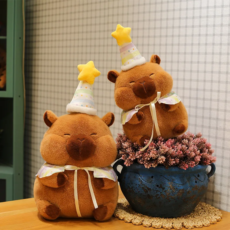 Kawaii Capybara knuffel met verjaardagshoed Leuke Squinty Eye gevulde pop Grote zachte speelgoedcadeau voor kinderen Kerstverjaardag