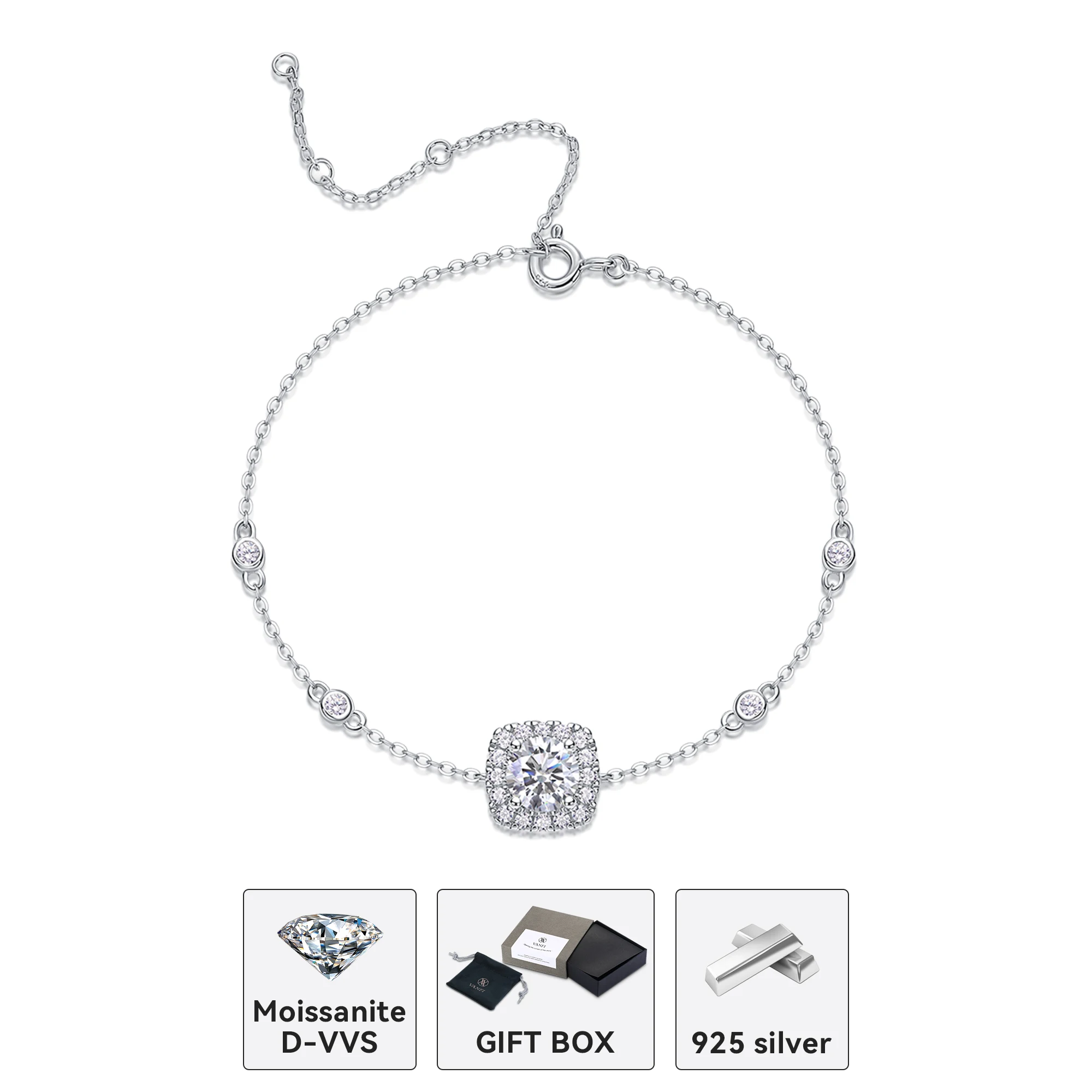 

Kfvanfi 1ct Moissanite D VVS 925 Sterling Silver Plated White Gold Classic Square Elegant Dazzling Women Bracelet Party Jewelry