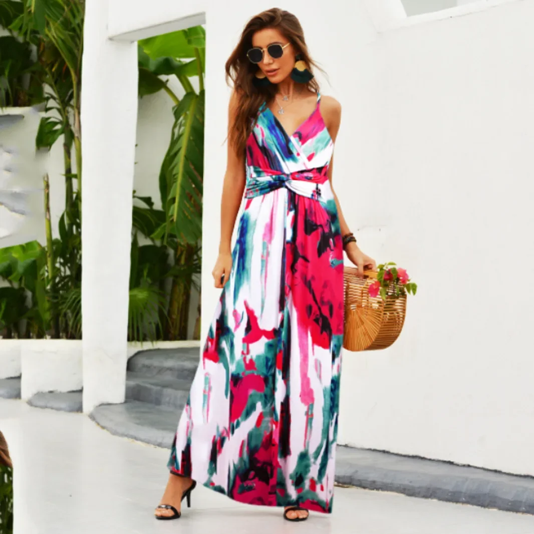 Dress Summer Sleeveless Fashion High Waist Suspenders Printed Beach Dress Deep V Women's Camis Long Vacation Dress