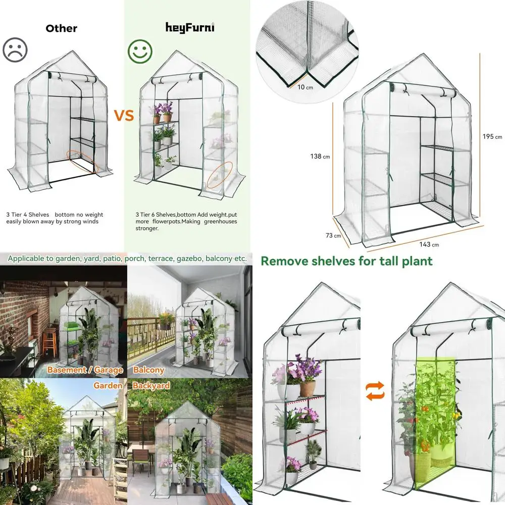 

Трехуровневая система стеллажей для теплиц, усиленные нижние полки, для использования на улице/в помещении, покрытие из полиэтилена, 143x73x195 см