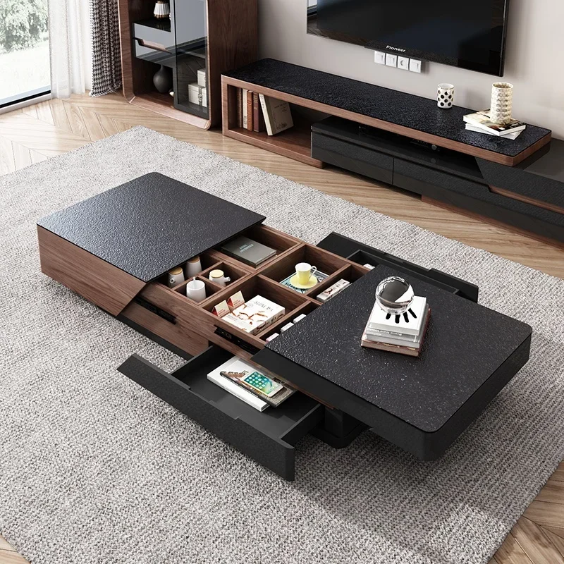 Modern Living Room Furniture Wood MDF Luxury Sintered Stone Black Coffee Table Storage