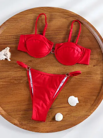 2026 New Push Up Bikinis Sexy String Swimsuit Red Swimwear Women Bathing Suit Summer Beachwear Bandage Bikini Set