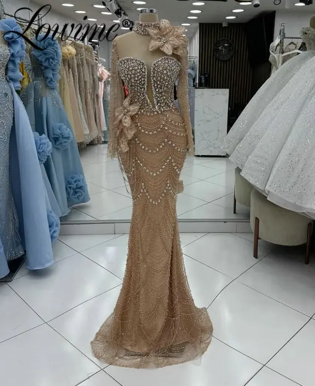 スパークリングダークシャンパンハイネック長袖イブニングドレスカスタマイズされたエレガントな結婚式のプロムナイトパーティードレス女性用