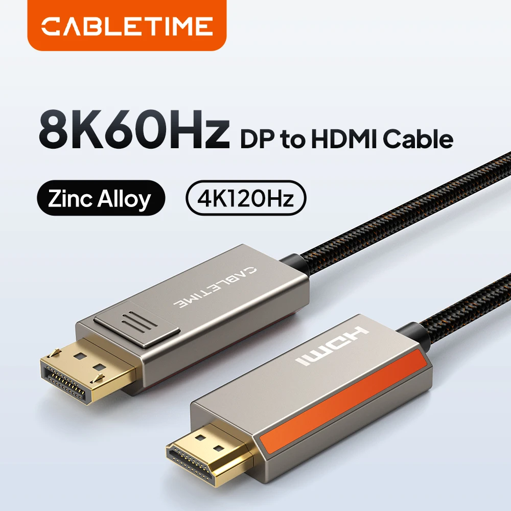 

CABLETIME 8K 60Hz 4K Zinc Alloy DisplayPort to HDMI Cable HDR 10 for Desktop TV Monitor LG Dell DP1.4 HDMI 2.1 Cable Hdmi cable