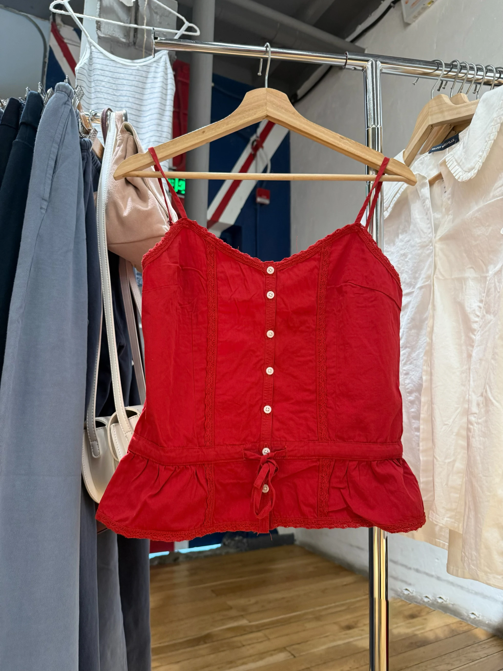 

Red Drawstring Hem Camisole Women Summer Lace Trim V-neck Single Breasted Tank Top Preppy Style Casual Sweet Cinched Vest New