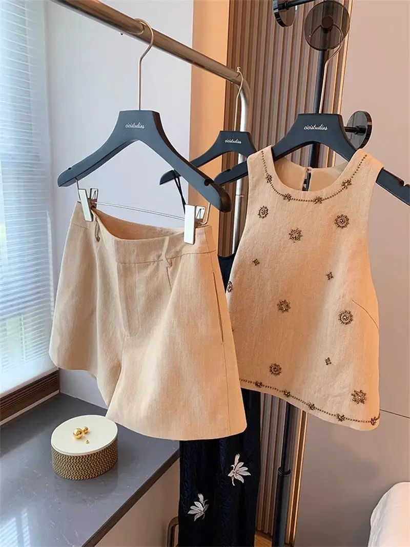 Fashion Top Crop Bead Vest Summer Shorts Conjunto De Dos Piezas De Moda Para Mujer 2 Piece Sets Womens Outfits