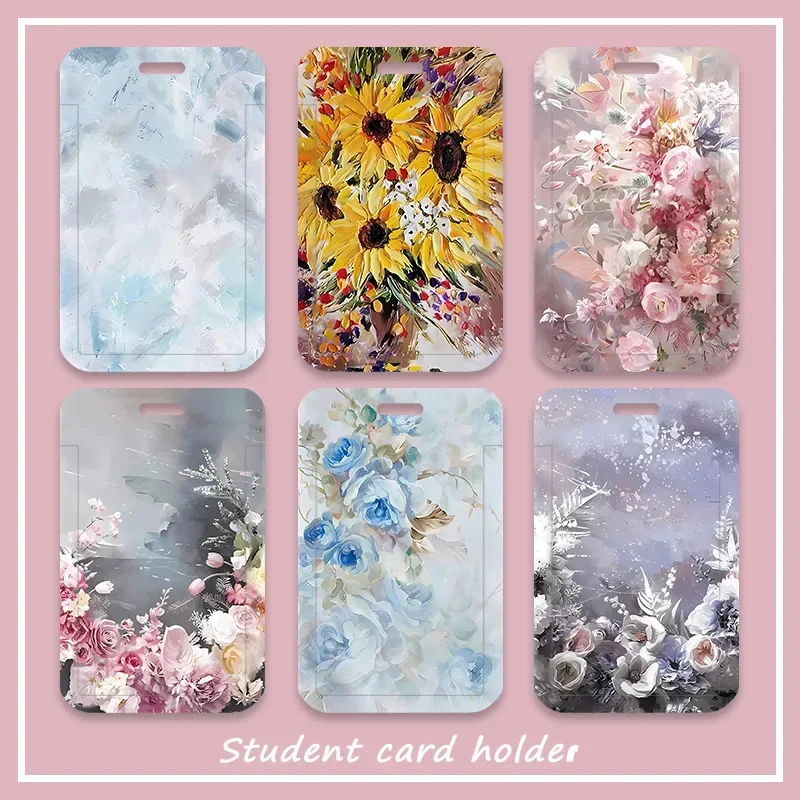 Oil Painting Flower Card Holder Exhibition Pass Work ID Tag Badge Card Holder Cover Working Permit Case Sleeve for Staff Girls