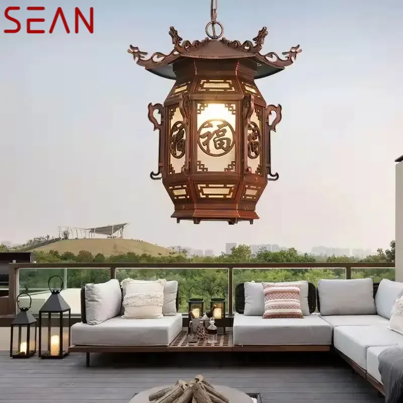 SEAN Chinese Lantern Pendant Lamps Outdoor Waterproof LED Brown Retro Chandelier for Home Hotel Corridor Decor Electricity