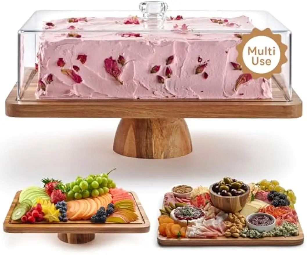 

Acacia Wood Christmas Cake Stand with Lid, Rectangle Dessert Display & Charcuterie Board, Shatterproof Acrylic Cover