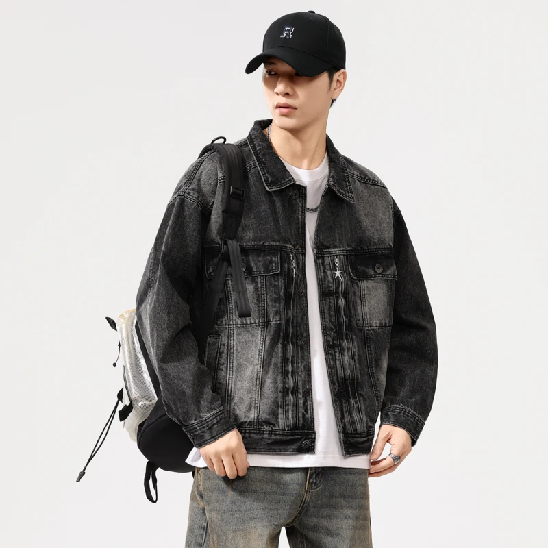 High-end American washed denim jacket men's fall new tide black gray casual jacket men's tops