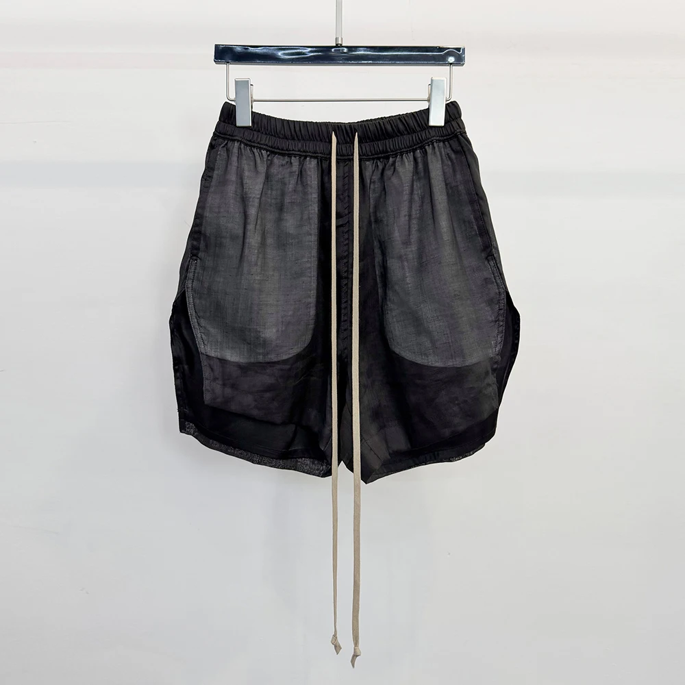 Women's Linen Blend Casual Shorts, Black Elastic Waist Baggy Shorts with Long Drawstring, See-Through Loose Fit Streetwear