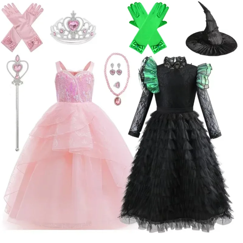 

Glinda Elphaba Witches Movie Wicked Cosplay Costume Girls Dress Cloak Wand Hat Gloves Sets Halloween Carnival Clothes Role Play