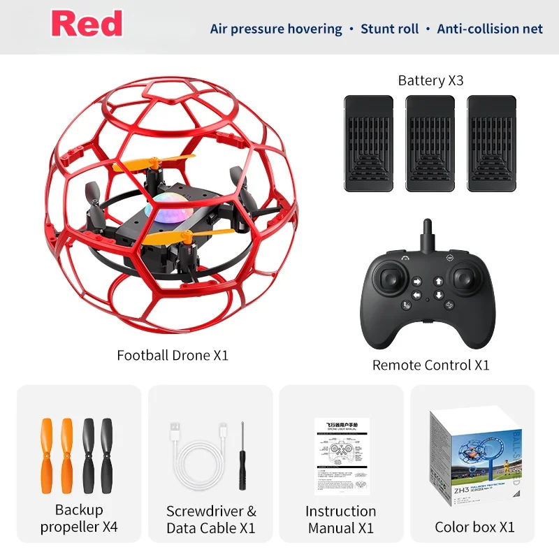 RC Football Drone 360° Stunts Football Quadcopter Full Stable Hover Lights One-Touch Takeoff Collision Protection Net Aircraft