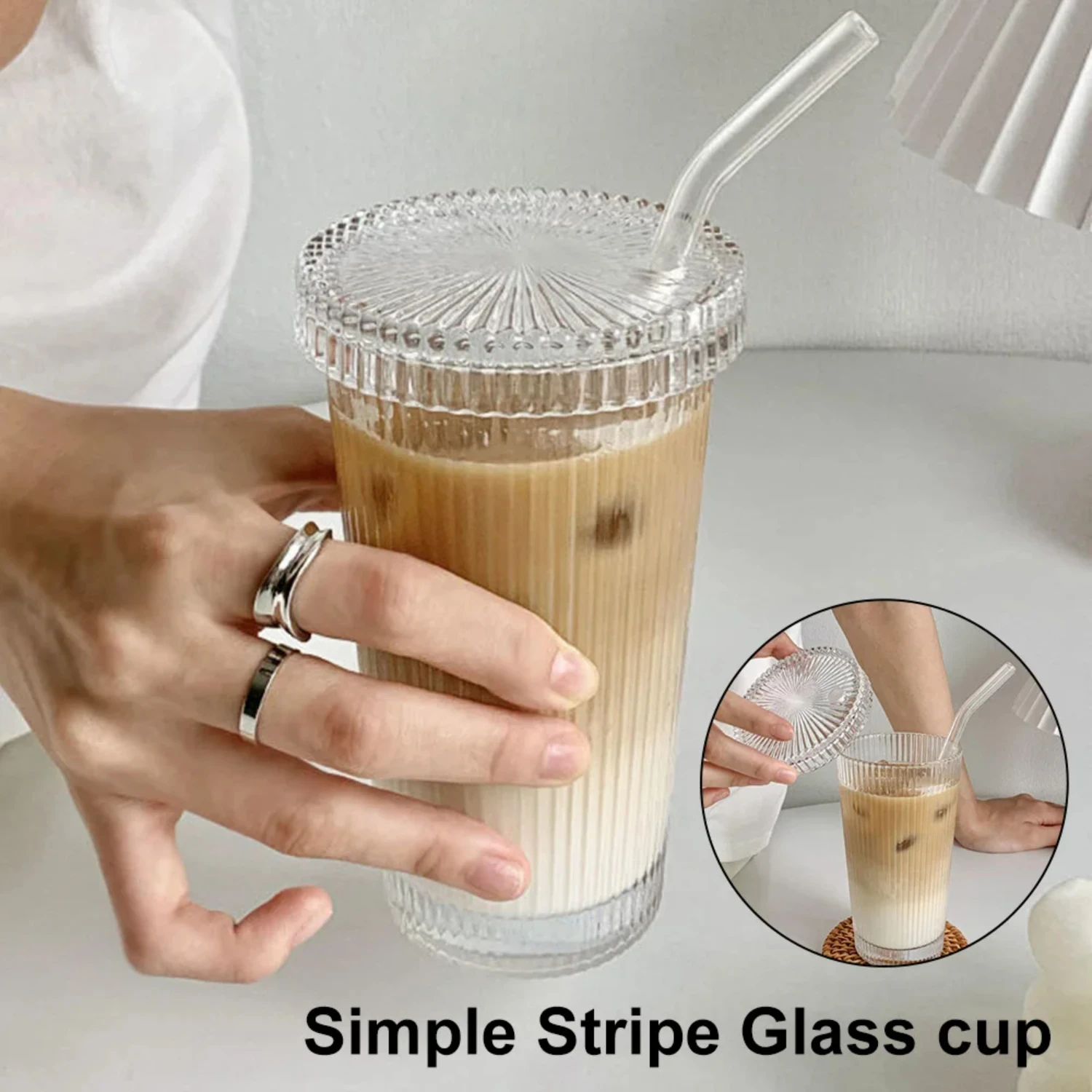 Chic Japanese Style 375Ml Stripe Glass Cup with Lid and Straw for Milk, Coffee, Tea - Elegant Drinkware and Perfect Birthday Gif