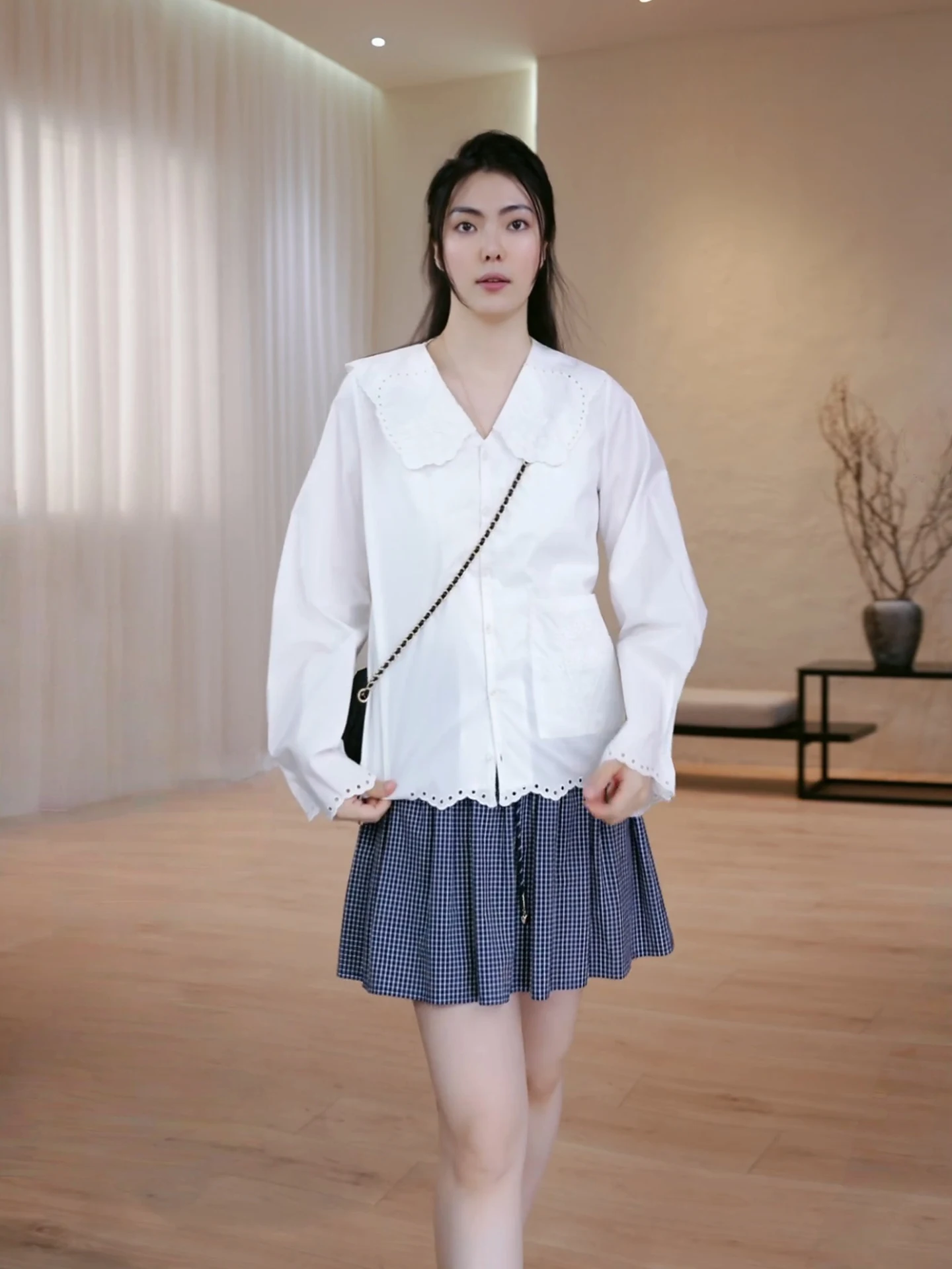 

AW Wang Na Na Spring New Cute Daily Doll Collar Asymmetrical Pure Cotton Long Sve Embroidered irt Women's Loose Fit Brea...