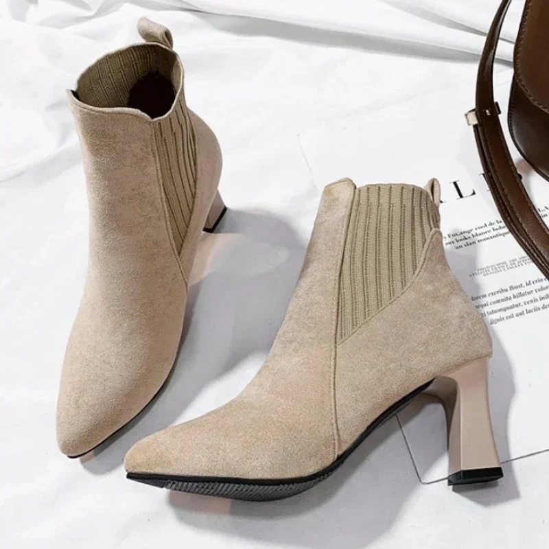 Ankle Boots Women Autumn Pointed Toe Knitted Warm Elastic Women's Shoes Shoes Casual High Heels Platform Boots Botas De Mujer