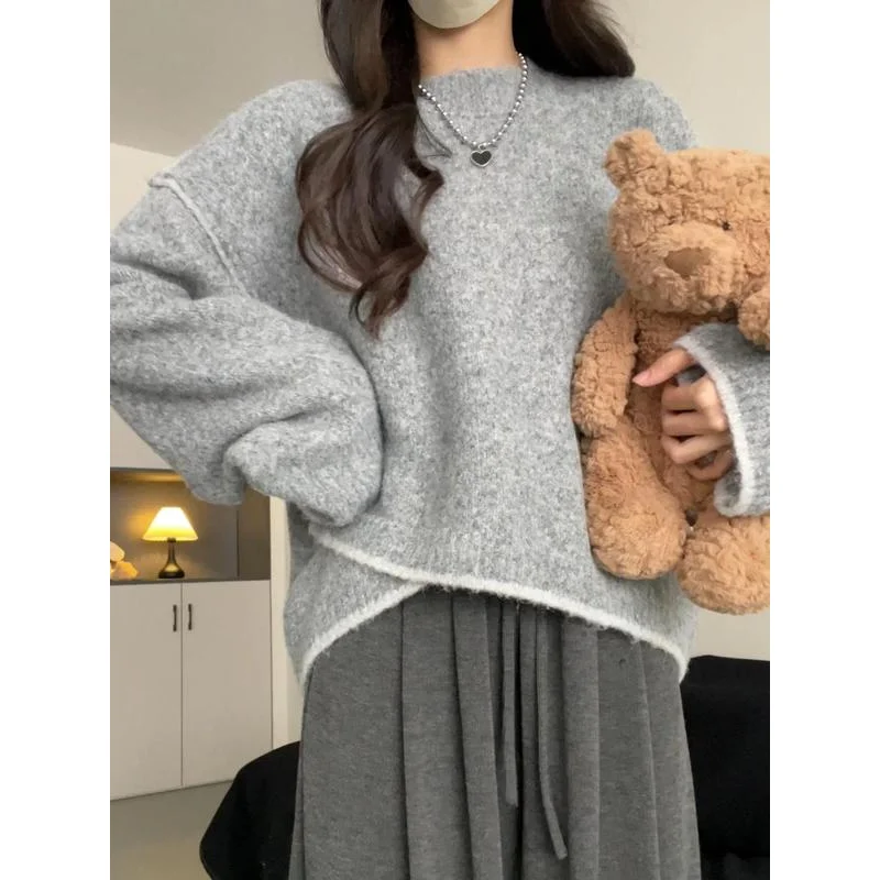 

Women's Clothing Irregular Contrast Color Pullover Sweater For Women Autumn Winter Lazy Style Loose Soft Comfort Knitted Top