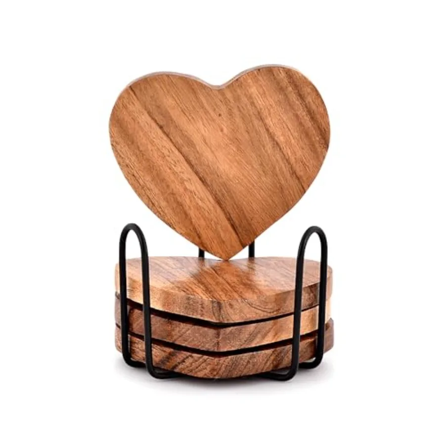 

Acacia Wood Heart Shape Coaster Set of 4 with Iron Holder for Coffee Table Décor Housewarming Gt New Home Kitchen Décor
