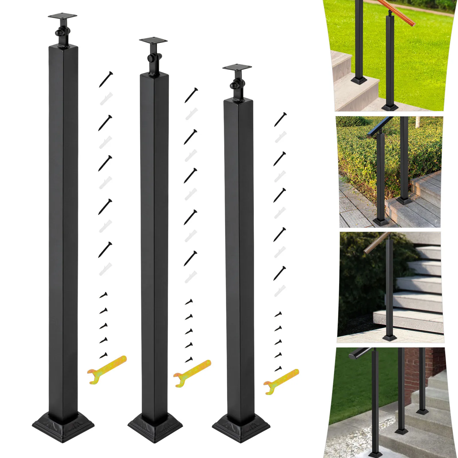 Stair Balusters Post Black Square Metal Railing Spindles with Flat & Adjustable 270° Angle Bracket for Deck Steps Garden