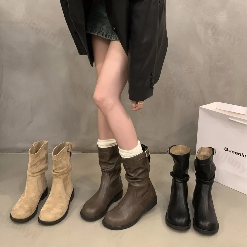 Frauen Stiefeletten 2025, Herbst Mode Runde Kappe Schnalle Komfortable Nicht Slip Outdoor Kurze Stiefel Retro Mid-kalb Stiefel botas Mujer