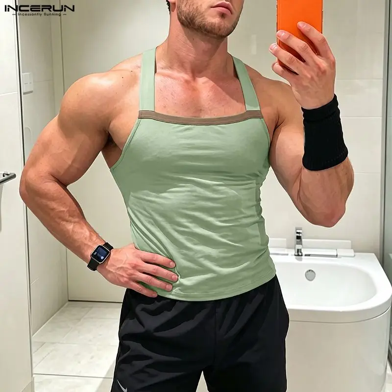 INCERUN Men's Tee Tops Patchwork Color-block Sleeveless Casual Male Vests Tops Summer Streetwear 2026 Fashion Men Clothes S-2XL