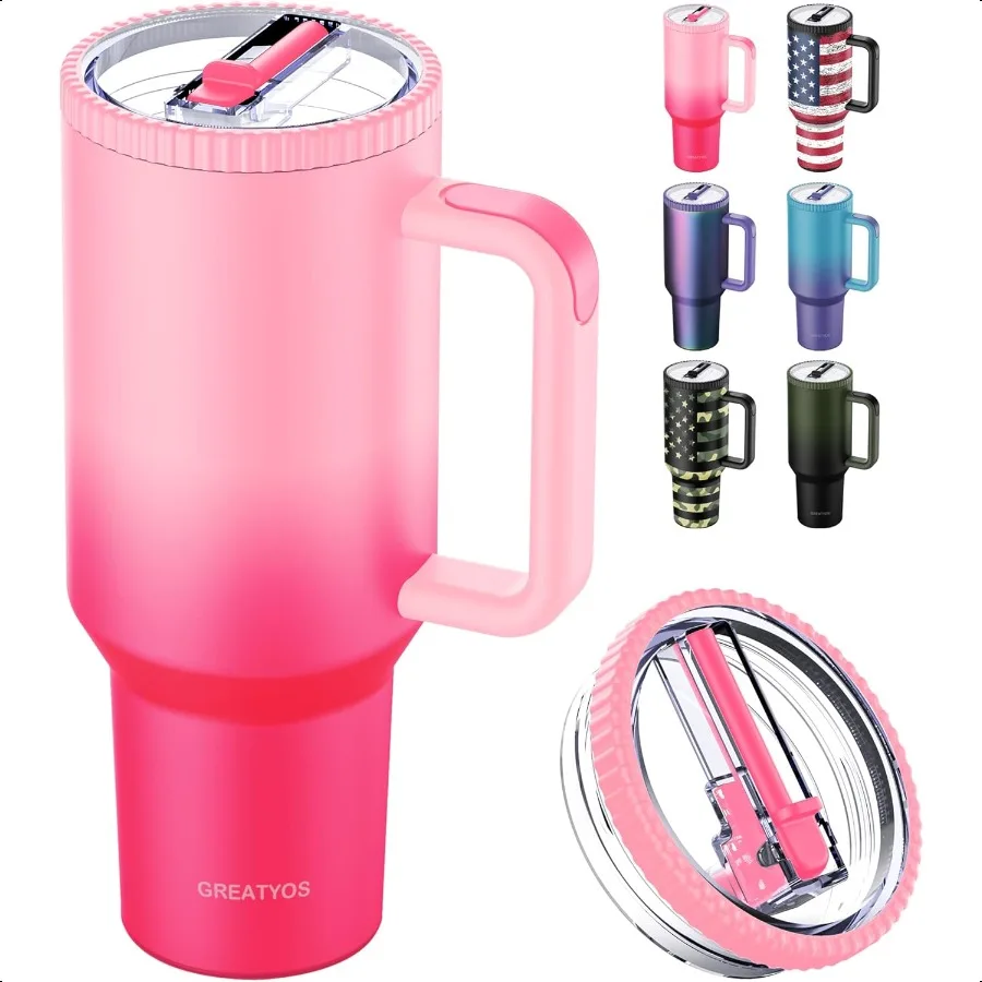 

Стакан на 40 унций с ручкой и откидной соломенной крышкой. Модернизированный дорожный стакан на 40 унций с крышками. Соломинки. Вакуумная изоляция. Герметичное пятно.