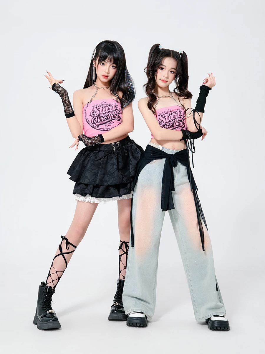 Costumes de danse Hip Hop pour enfants, 2025, pour filles, gilet rose, jean, tenues Kpop, vêtements de spectacle Jazz pour enfants, DQS19775