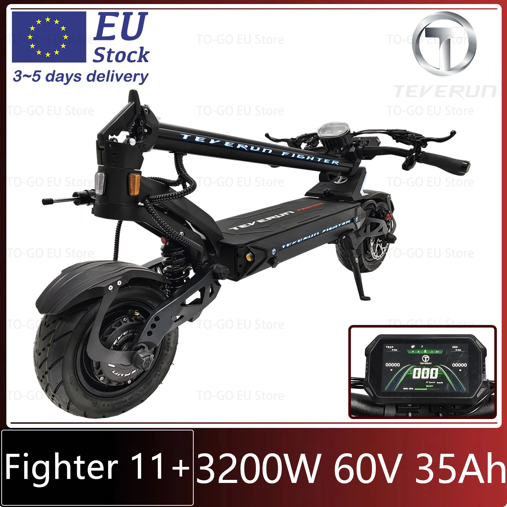 TEVERUN Fighter 11+ 1600W*2 Dual Motor 60V 35Ah Battery 4-Pistons Hydraulic Brake 4inch Display NFC 11inch Puncture-proof Tire