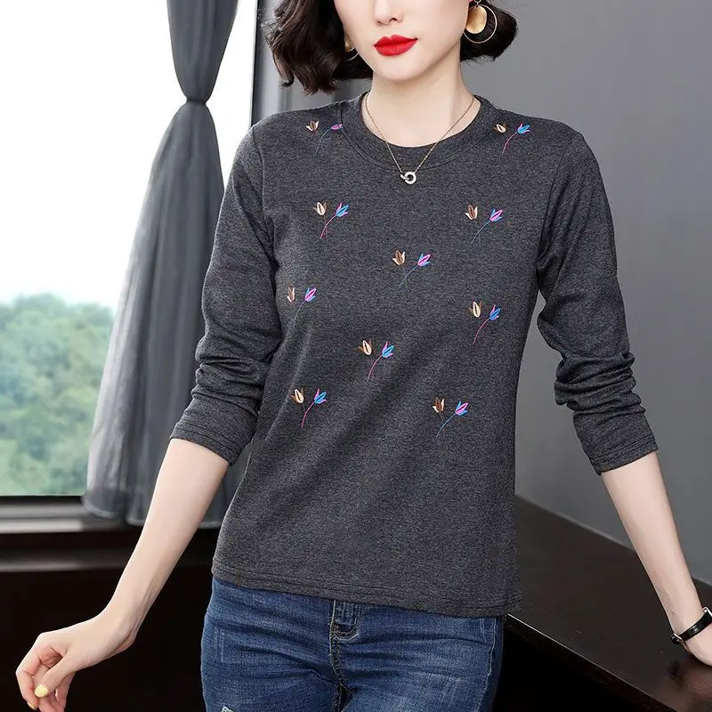 Women\'s Pure Cotton T-shirt 2023 Spring and Autumn New Fashion Solid Color Printed Long Sleeved Round Neck Loose Pullover Tops