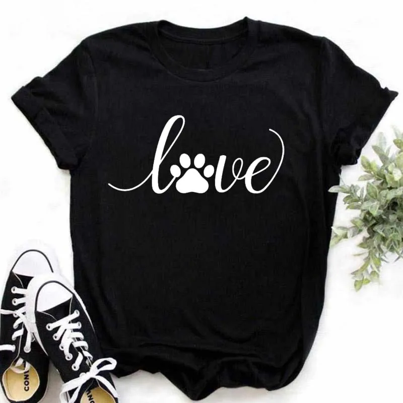 Women Black T shirt Funny Dog Paws Heart Graphic Printed Lady Tshirt Black Tops Clothing Fashion Short Sleeve female Tee shirt