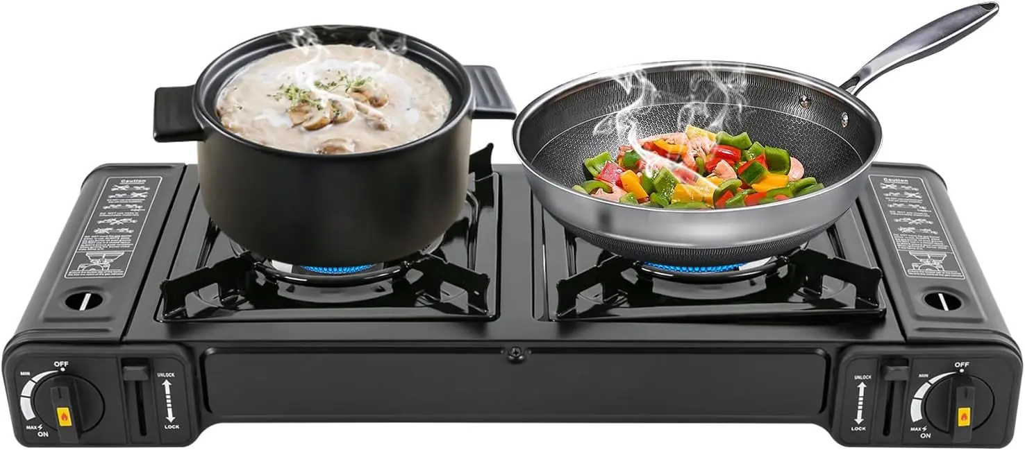 

Auto-Ignition Butane Camping Stove, 2-Burner Lpg Gas Stove with High Heat Efficiency & Safety Lock - Portable for Camping, Rv, I