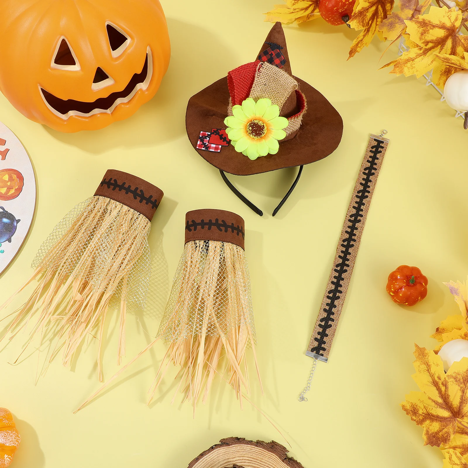 Halloween Cosplay Straw Kit 4Pcs Scarecrow Hat Party Headband Costume Accessory Witch Festival Props Decor