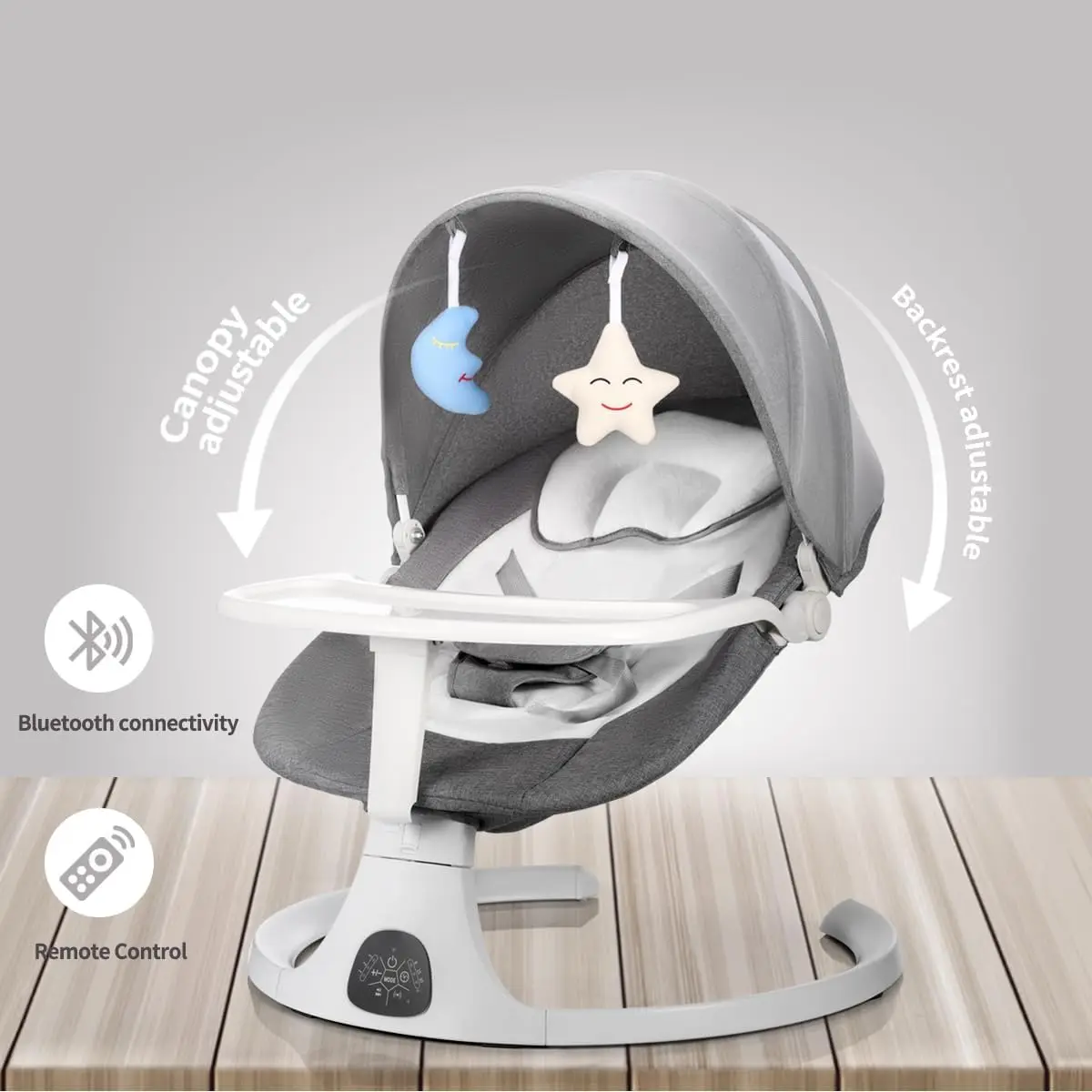 3 in 1 Electric Baby Bouncer & Rocker with Bluetooth Music Sun Shade Mosquito Net Detachable Dining Plate Toy Rack 5 Speed Level