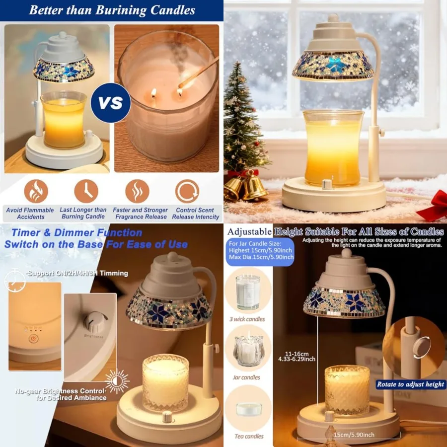 

Electric Candle Warmer Lamp with Colorful Diamond Lampshade, Metal Wax Melting Lattern with Timer and Dimmer, Adjustable Height